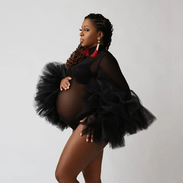 MQTIME -  Maternity Puffy Ruffled Sleeve Photography Bodysuit Fashion Black See Thru Tulle Dress For Pregnant Women Photo Shoot Clothing